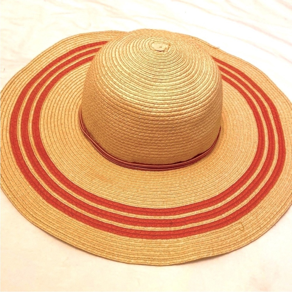 Wide Brim Straw Hat with Coral Stripes Adjustable Strap